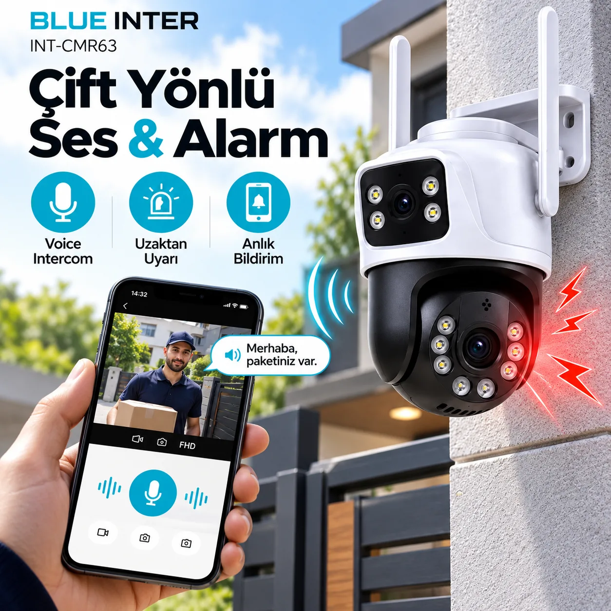 Blue Inter INT-CMR63 360° WiFi Akıllı Güvenlik Kamerası – Çift Kameralı, İnsan Algılamalı ve Gece Görüşlü