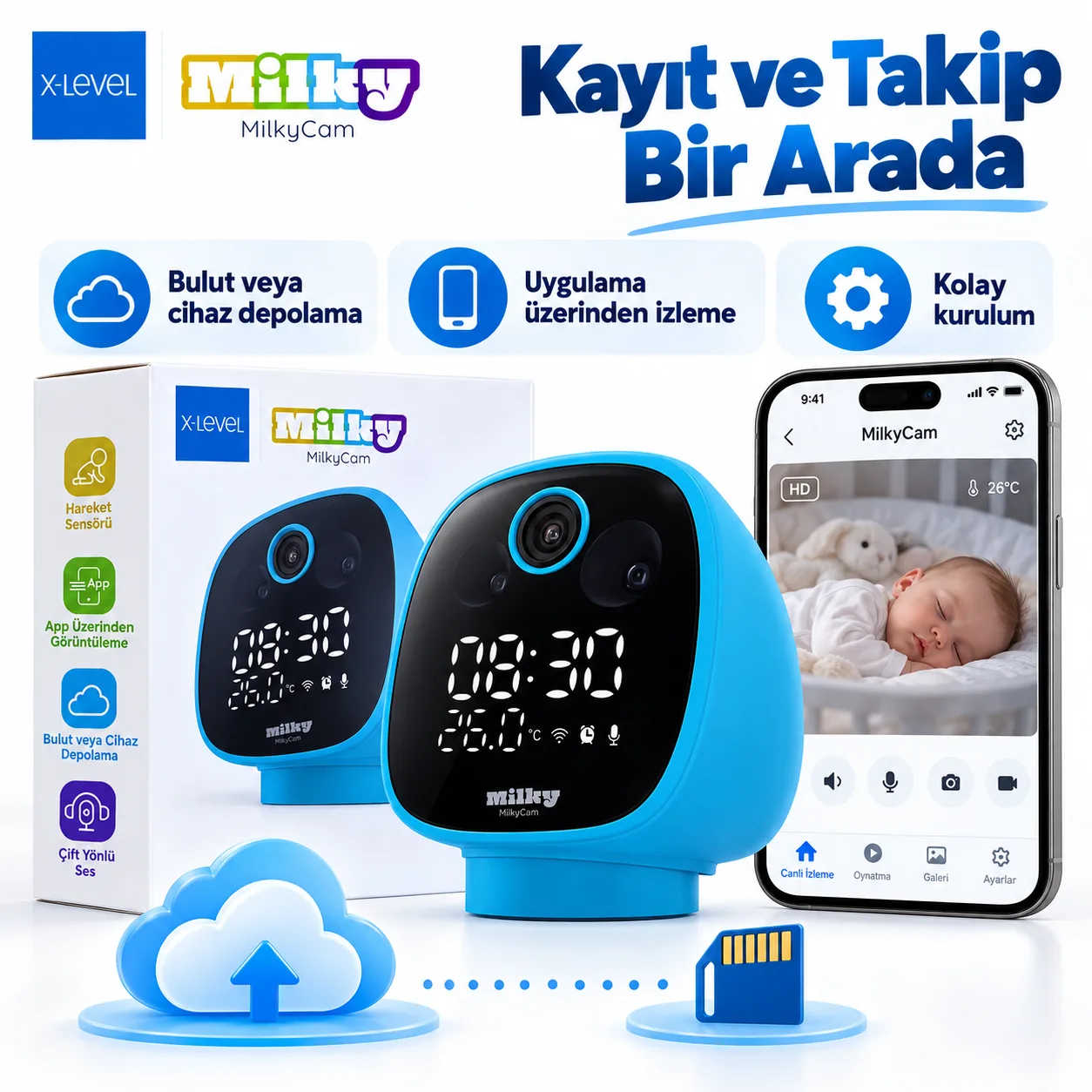 X-Level MilkyCam Akıllı Bebek Kamerası – WiFi, Hareket Sensörü, Çift Yönlü Ses ve Mobil Uygulama