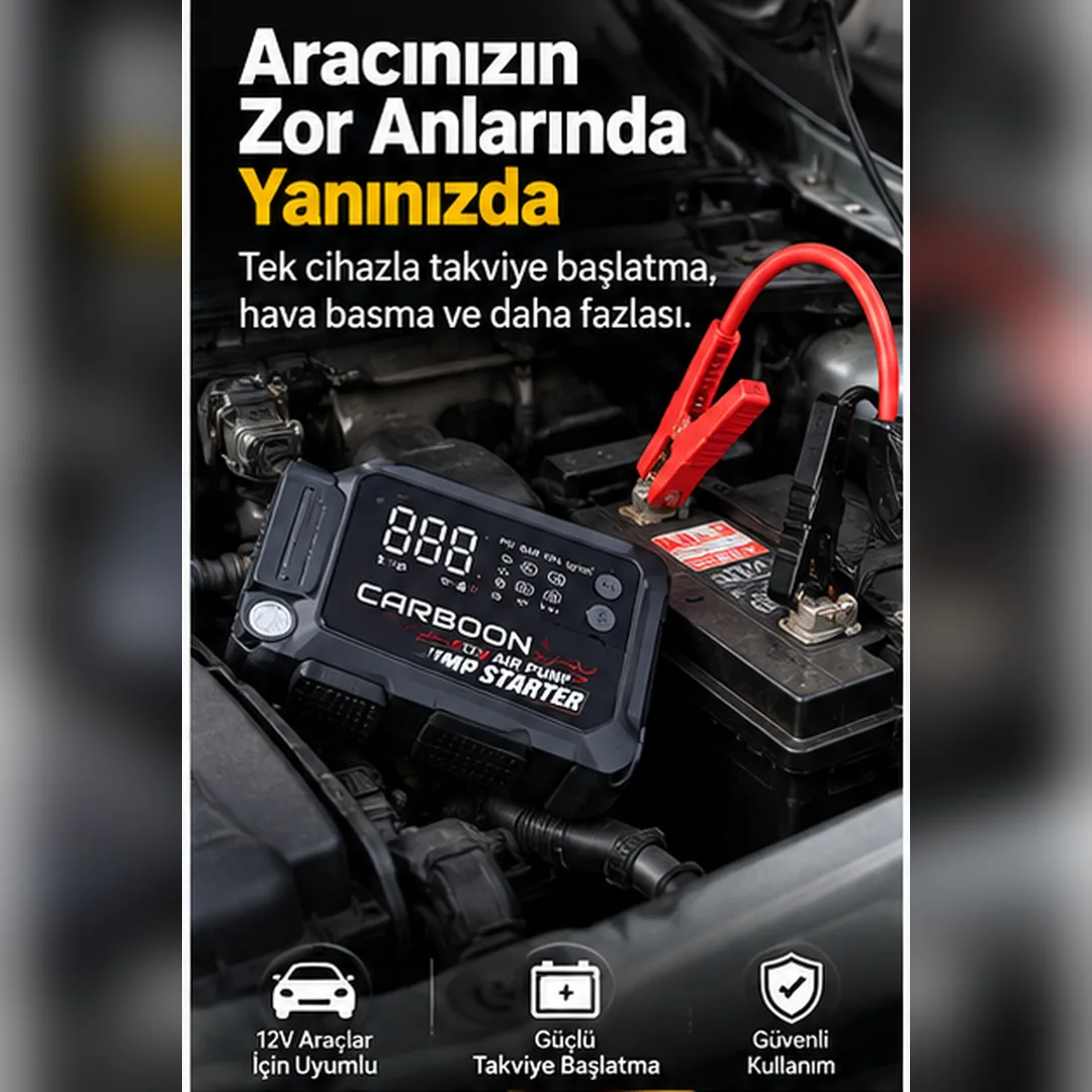 Carboon CAR-78 Jump Starter ve Hava Kompresörü – 12.000 mAh Akü Takviye, 45W USB-C ve Dijital Lastik Şişirme