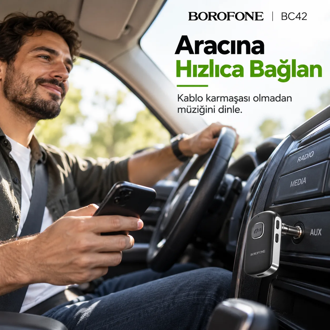 Borofone BC42 Bluetooth 5.0 AUX Araç Adaptörü – Kablosuz Müzik Alıcısı