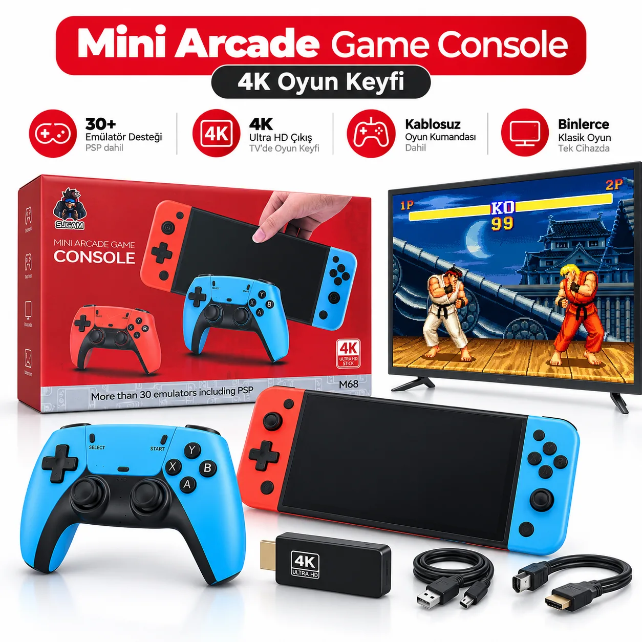 M68 Mini Arcade Game Console – 30+ Emülatör, 4K HDMI Çıkış ve Kablosuz Oyun Kolu