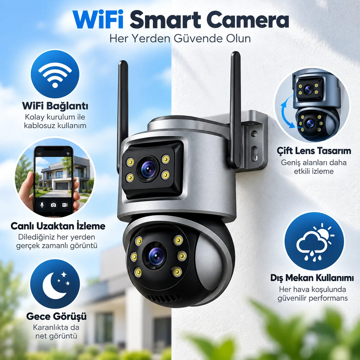Çift Lens WiFi Akıllı Güvenlik Kamerası – Gece Görüşlü, Telefondan Canlı İzleme