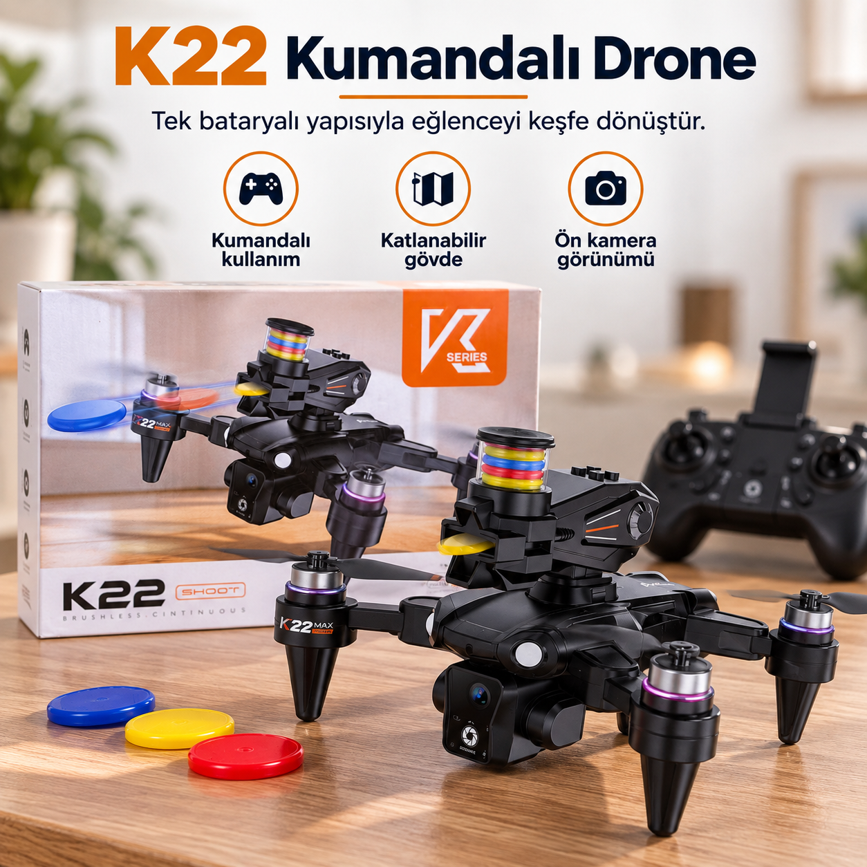 K22 Shoot Kameralı Disk Atan Drone – Fırçasız Motorlu Katlanabilir Kumandalı Drone