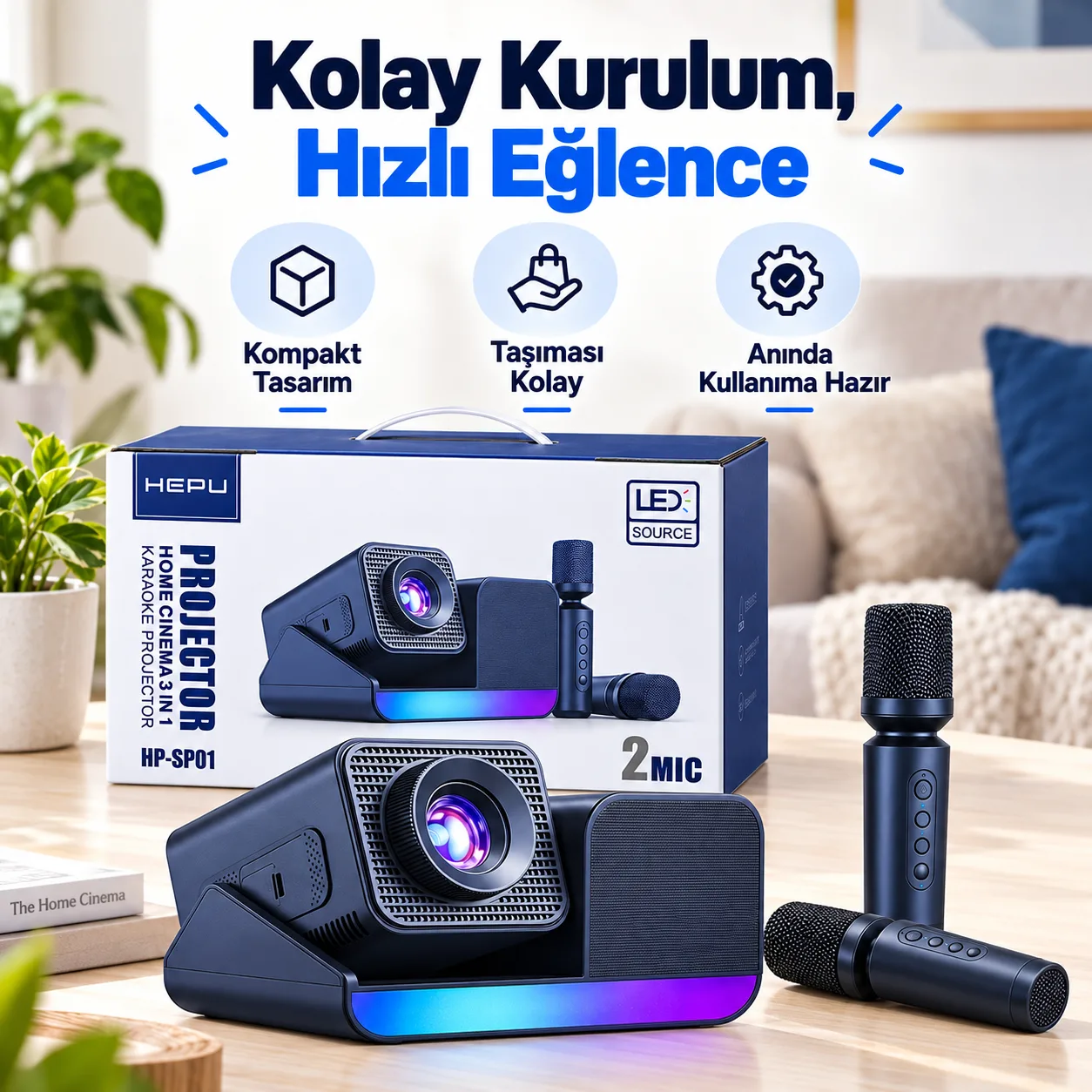 HEPU HP-SP01 Karaoke Projektör – 2 Mikrofonlu 3'ü 1 Arada Ev Sinema Projeksiyon Cihazı