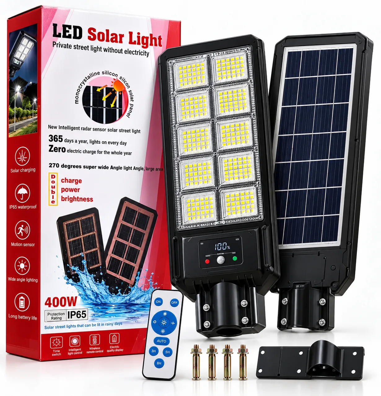 400W Güneş Enerjili LED Solar Sokak Lambası – IP65, Hareket Sensörlü ve Kumandalı