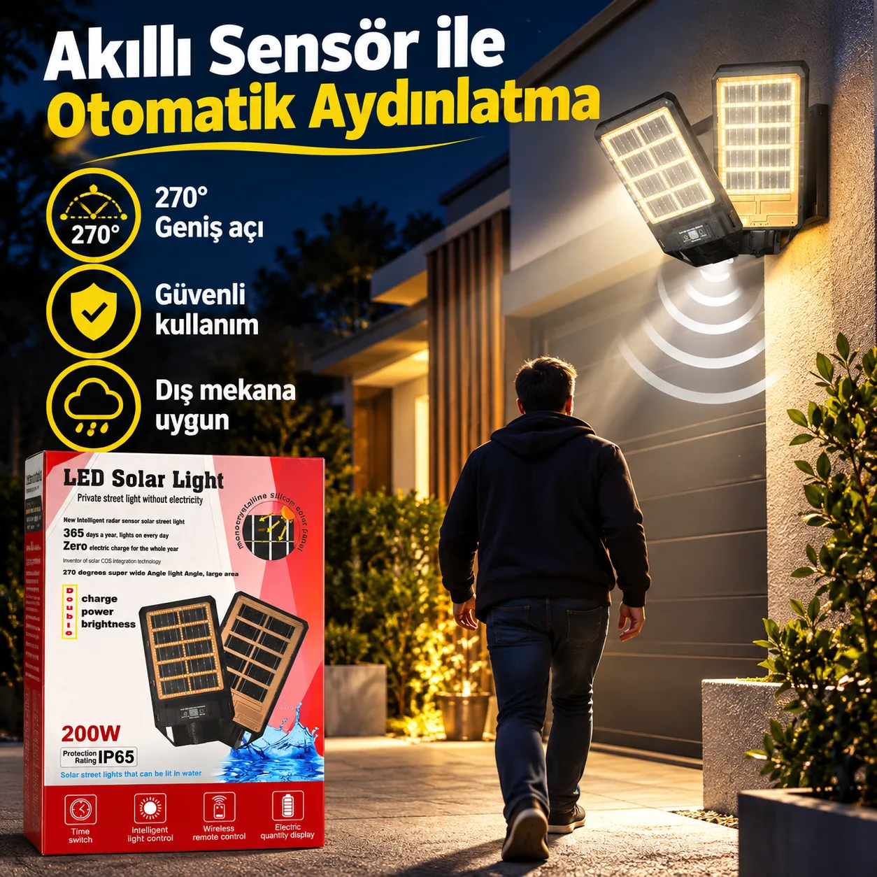 200W Güneş Enerjili LED Solar Sokak Lambası – IP65, Sensörlü ve Kumandalı Dış Mekan Aydınlatma