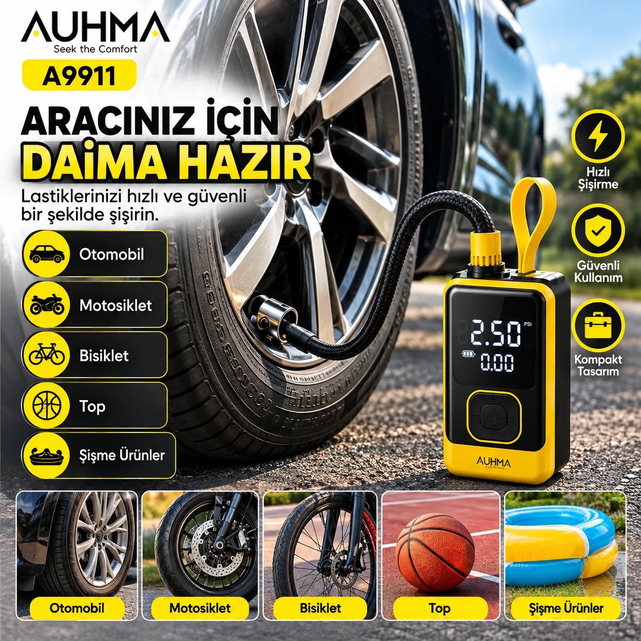 AUHMA A9911 Taşınabilir Dijital Hava Kompresörü – Otomobil, Motosiklet ve Bisiklet Lastik Şişirme Pompası