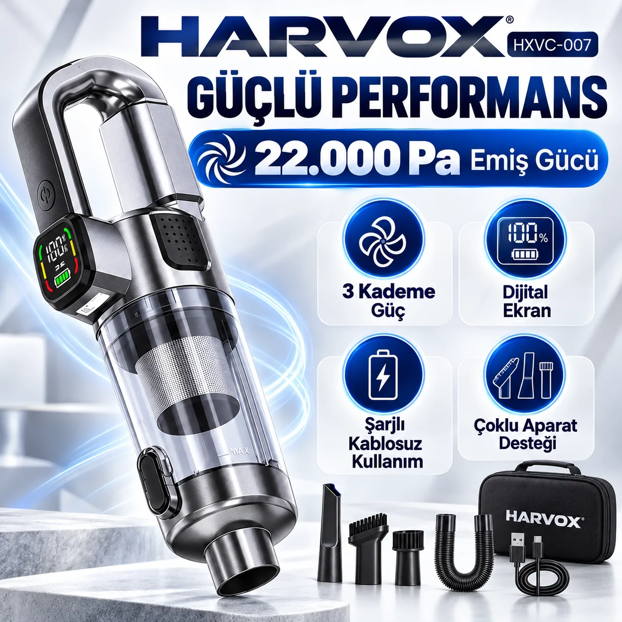 Harvox HXVC-007 Kablosuz Araç İçi Süpürge – 22.000 Pa Güçlü Emiş, Şarjlı ve Çok Başlıklı