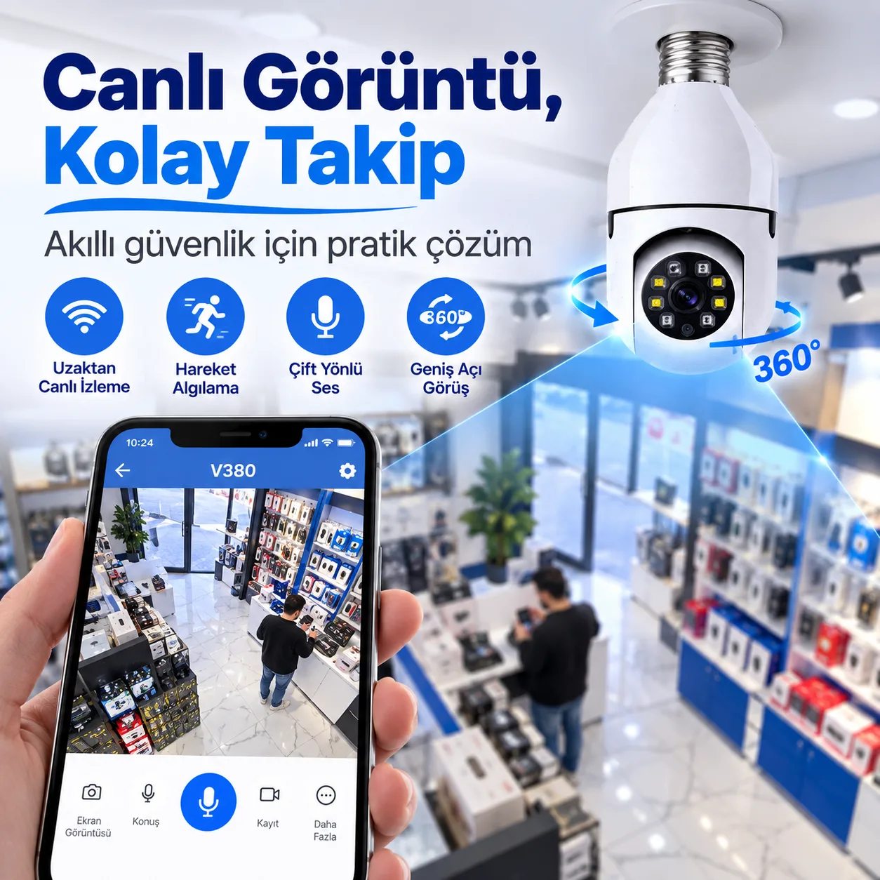 1080P Ampul Kamera – WiFi, 360°, Çift Yönlü Ses