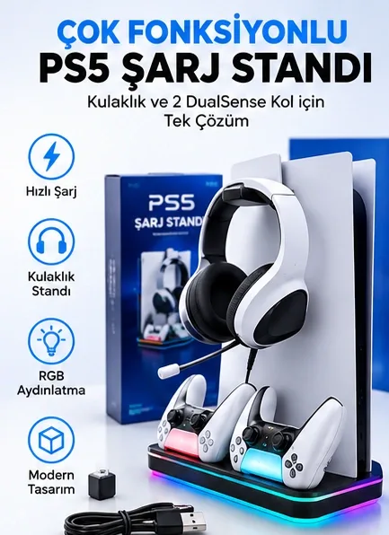 Bakeey PS5 Şarj Standı – Fanlı, RGB, Çift Kol Şarj