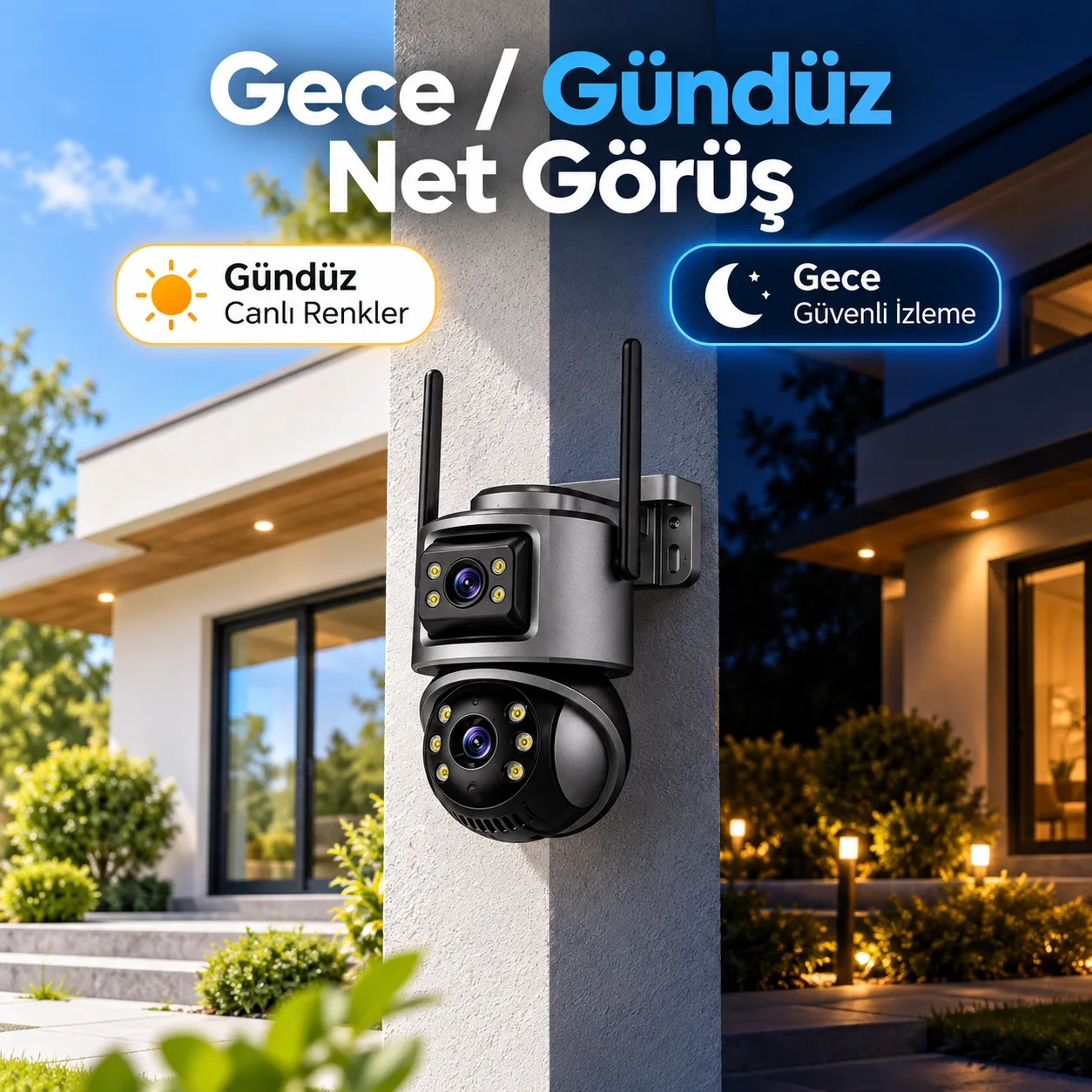 Çift Lens WiFi Akıllı Güvenlik Kamerası – Gece Görüşlü, Telefondan Canlı İzleme
