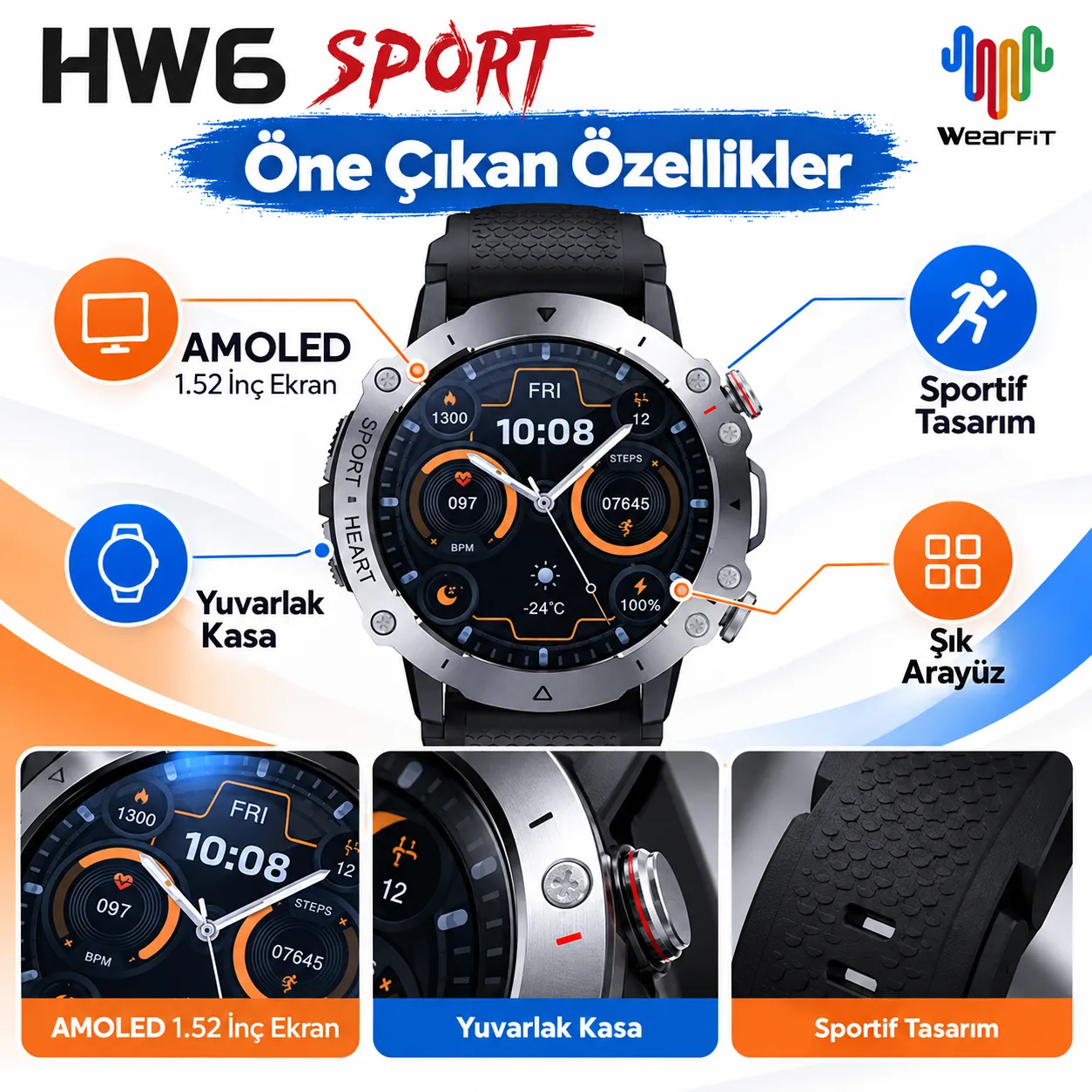 HW6 Sport Akıllı Saat – 1.52 İnç AMOLED Ekran, WearFit Destekli Spor Smartwatch
