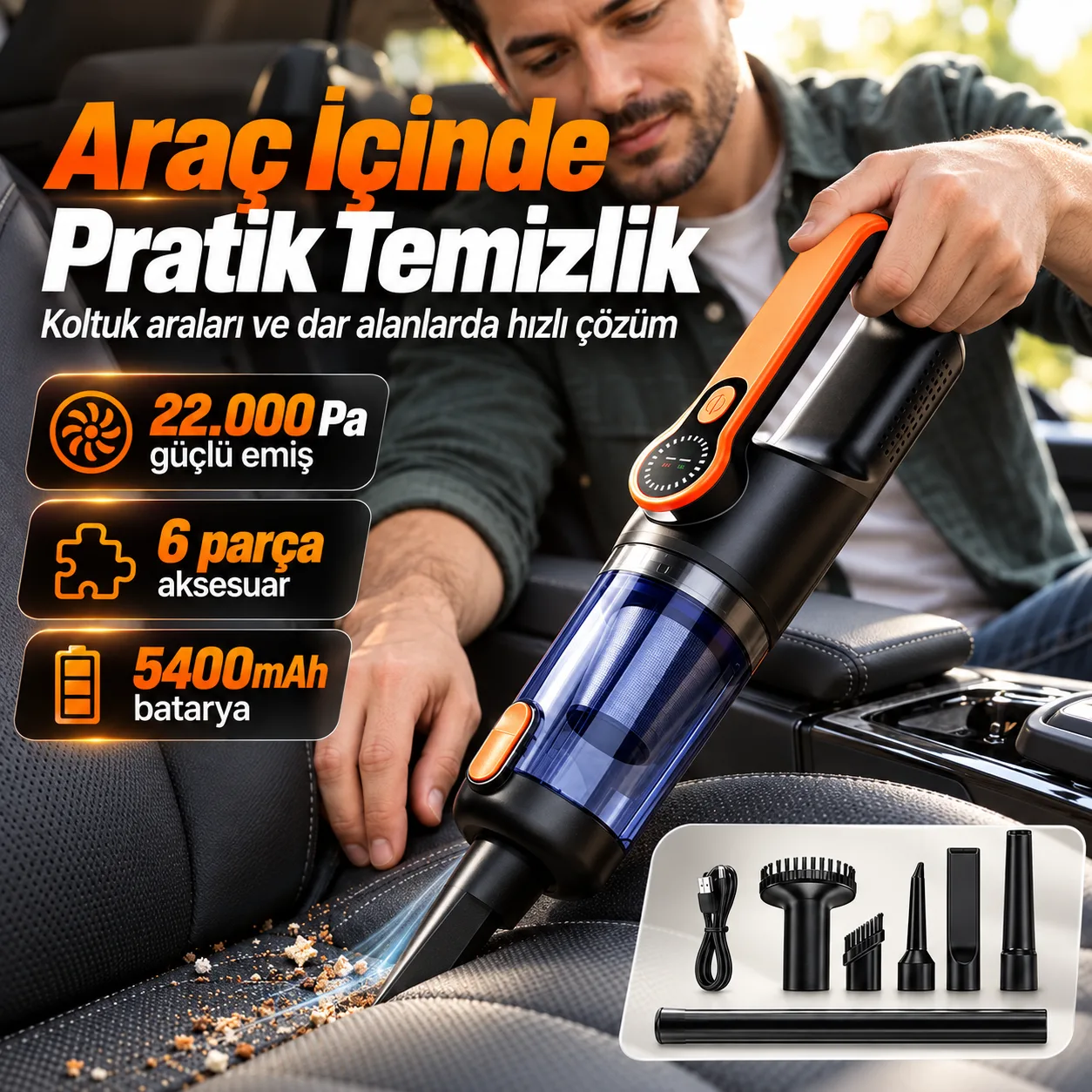 22.000Pa Kablosuz Araç Süpürgesi – Şarjlı, LED Işıklı