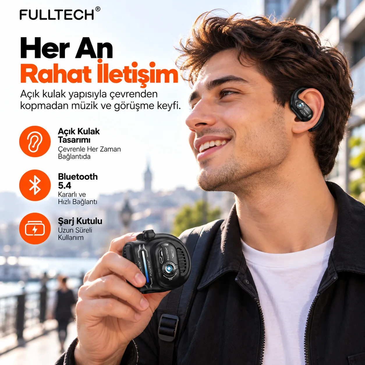 Fulltech OWS Open Air Kablosuz Kulaklık – Bluetooth 5.4, Açık Kulak Tasarımı ve Şarj Kutusu
