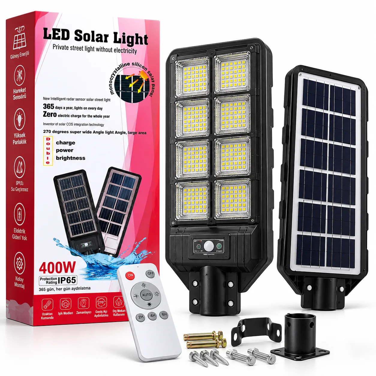 400W Güneş Enerjili LED Solar Sokak Lambası – IP65, Hareket Sensörlü ve Kumandalı