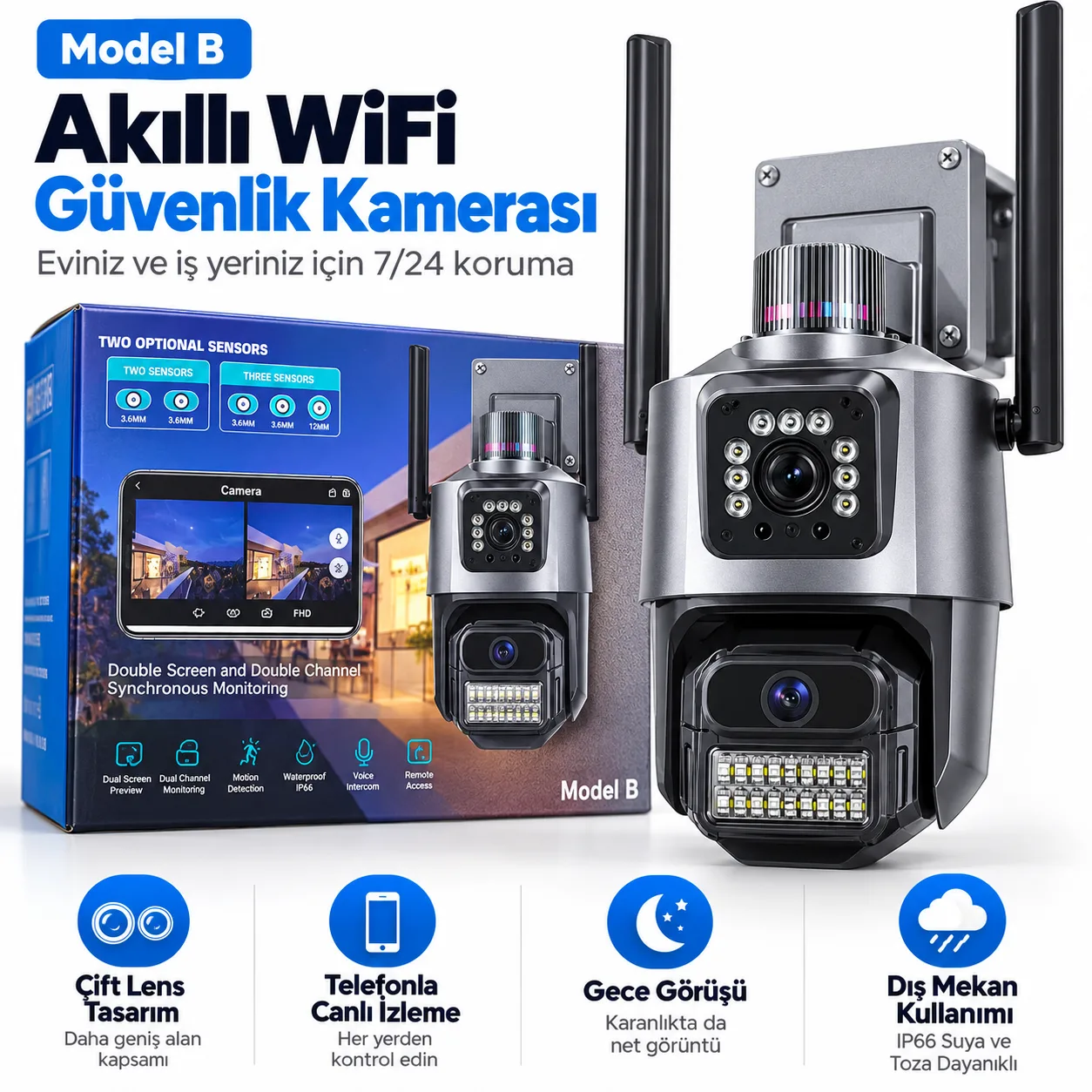 Model B Çift Lens WiFi Akıllı Güvenlik Kamerası – IP66, Gece Görüşlü ve Hareket Algılamalı