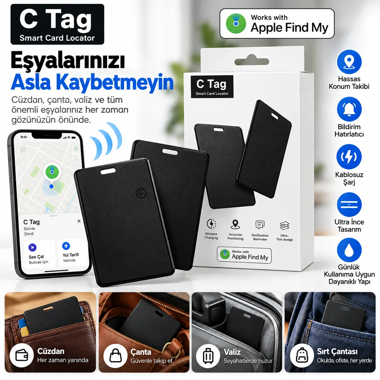 C Tag Apple Find My Uyumlu Akıllı Kart Takip Cihazı – Kablosuz Şarjlı Ultra İnce Konum Bulucu