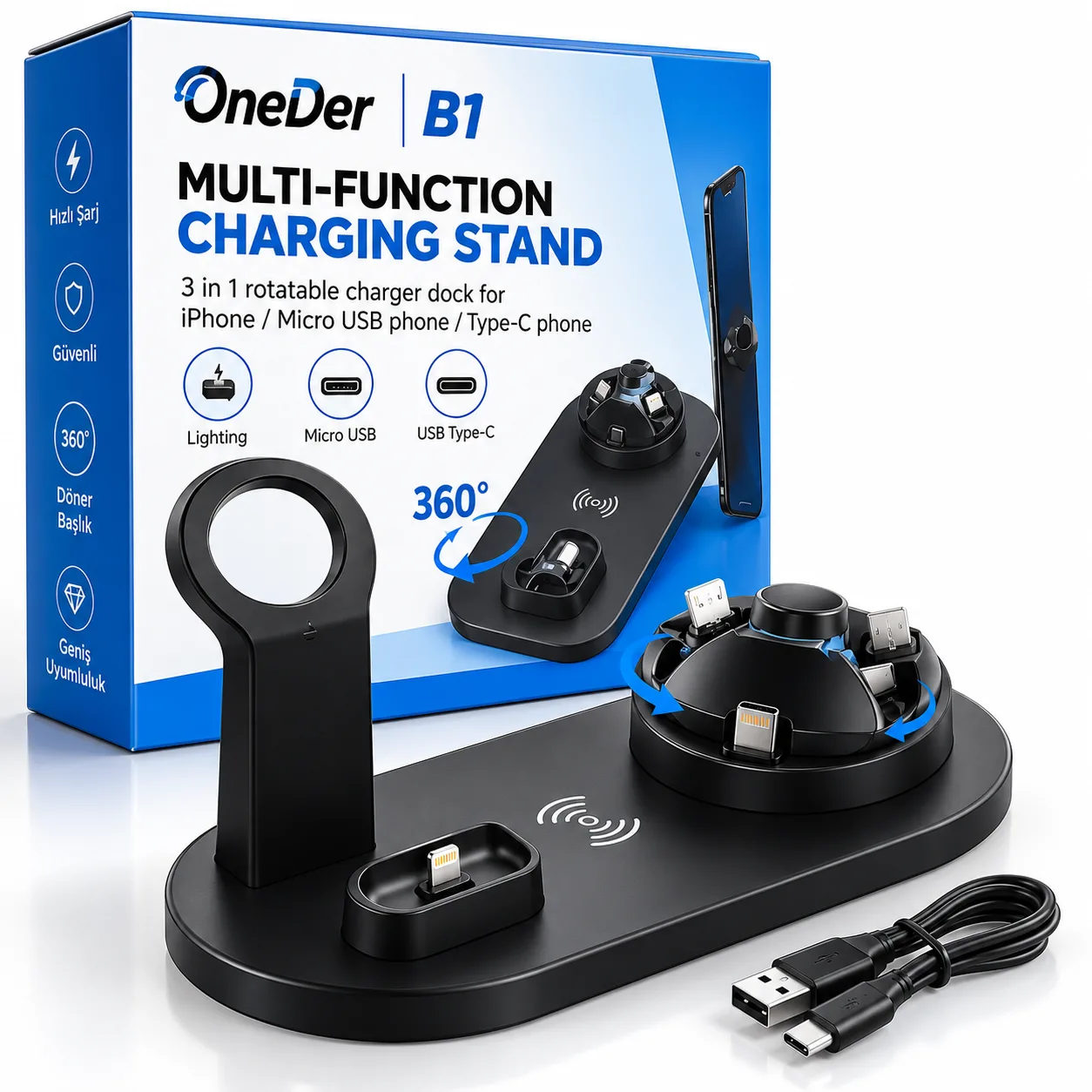 OneDer B1 3'ü 1 Arada Çok Fonksiyonlu Şarj Standı – 360° Döner Lightning, Type-C ve Micro USB
