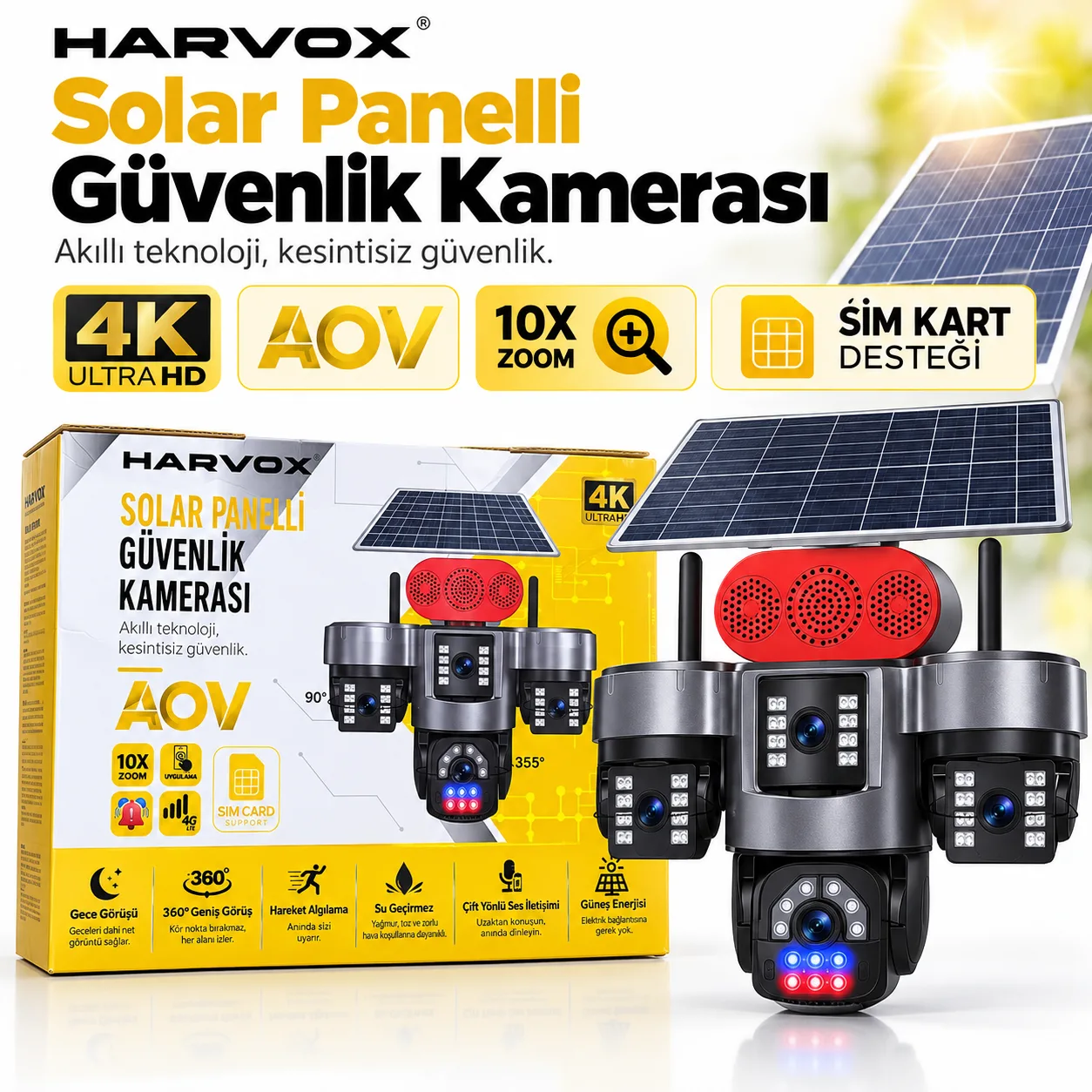 Harvox 4K AOV Solar Panelli Güvenlik Kamerası – 4G SIM Kartlı, 10X Zoom ve 360° Görüş