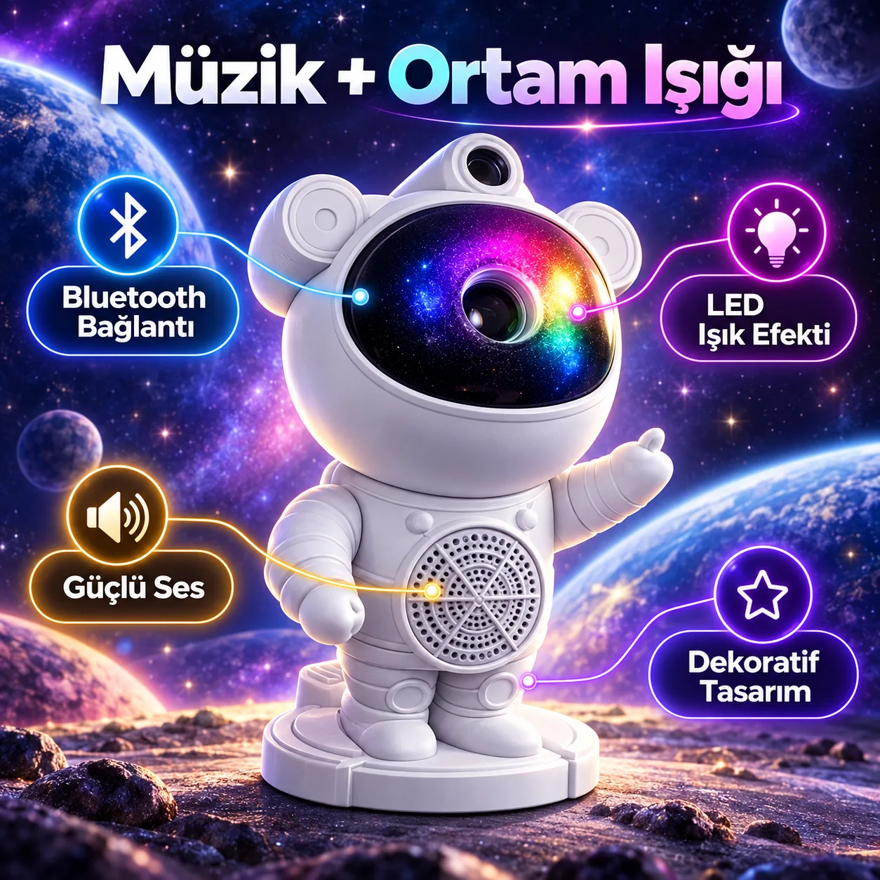 Astronot Bluetooth Hoparlörlü Gece Lambası – LED Işıklı