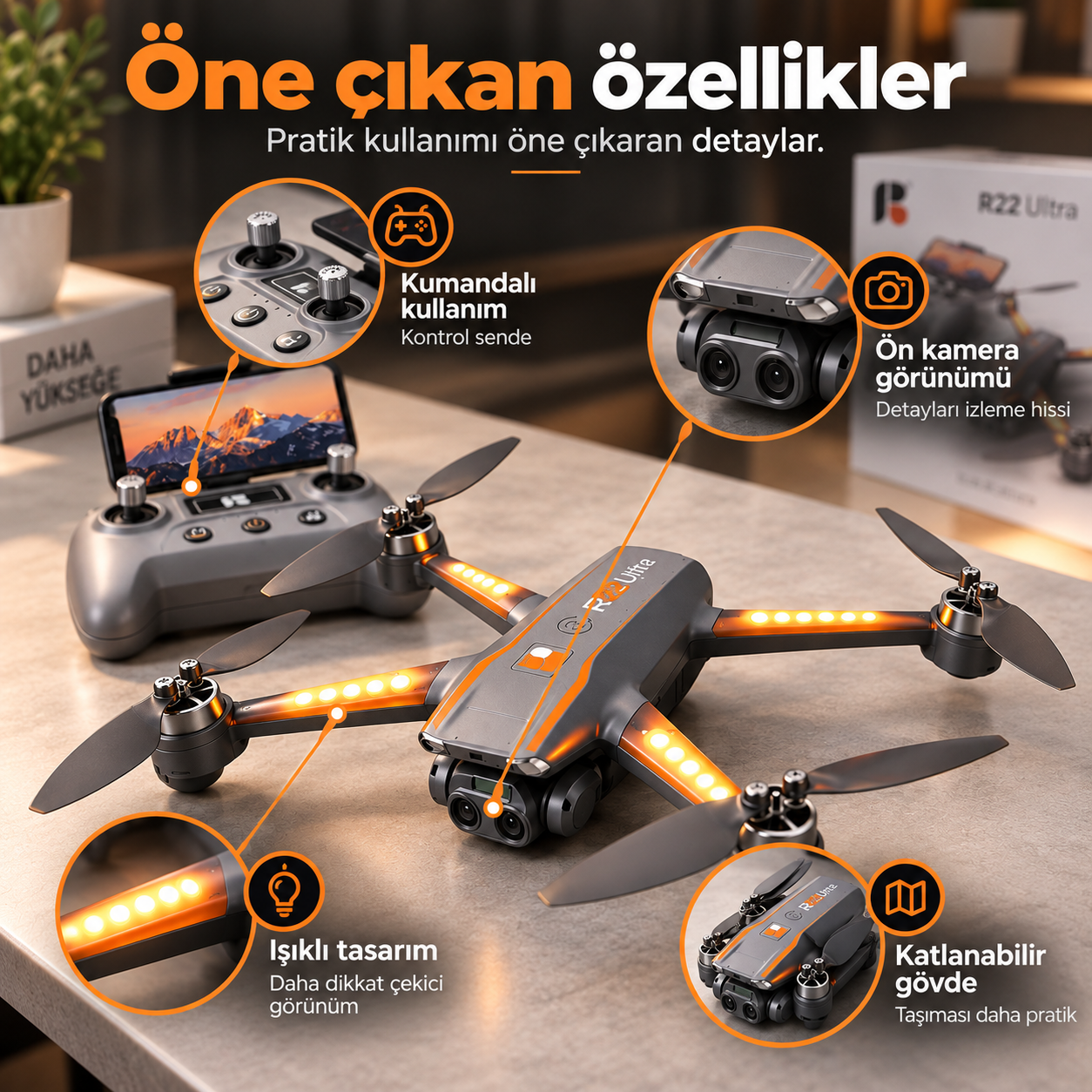R22 Ultra Kameralı Katlanabilir Drone – Kumandalı LED Işıklı Quadcopter