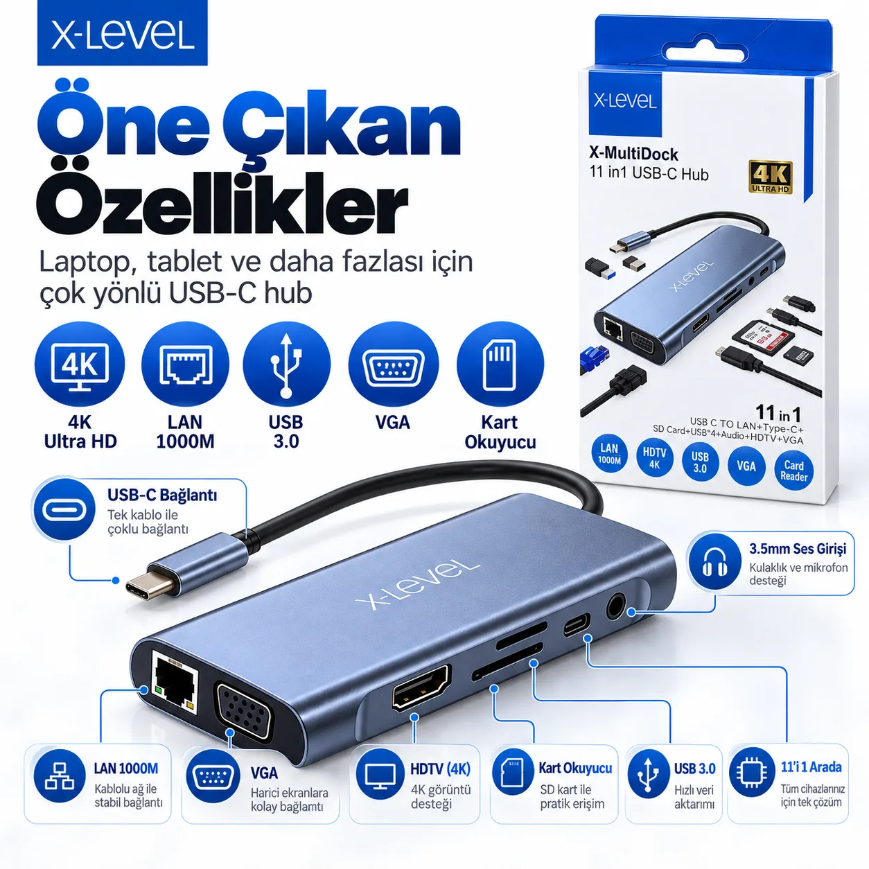 X-Level X-MultiDock 11'i 1 Arada USB-C Hub – 4K HDMI, Gigabit Ethernet, USB 3.0, VGA ve Kart Okuyucu