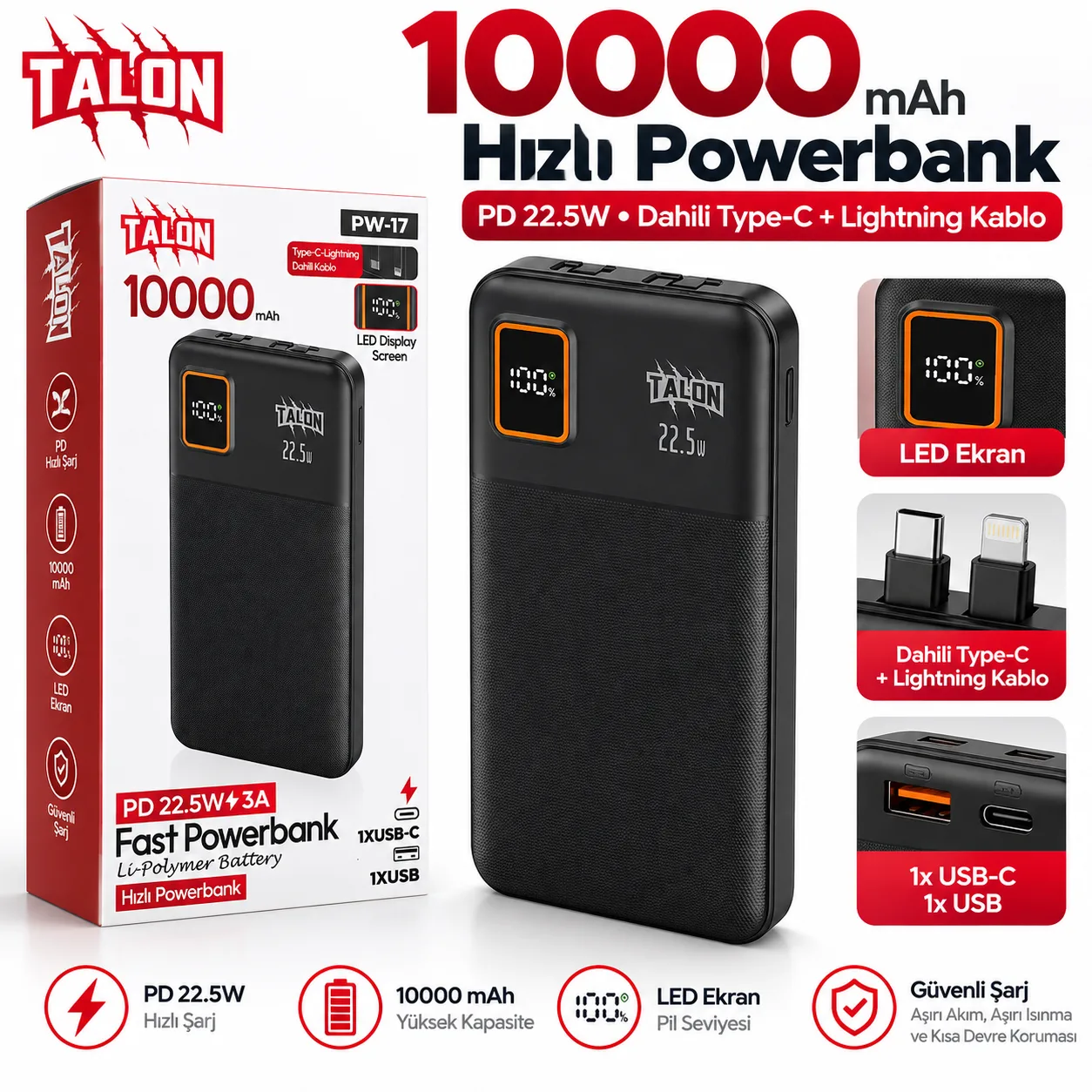 Talon PW-17 10.000 mAh Powerbank – PD 22.5W Hızlı Şarj, Dahili Type-C ve Lightning Kablolu