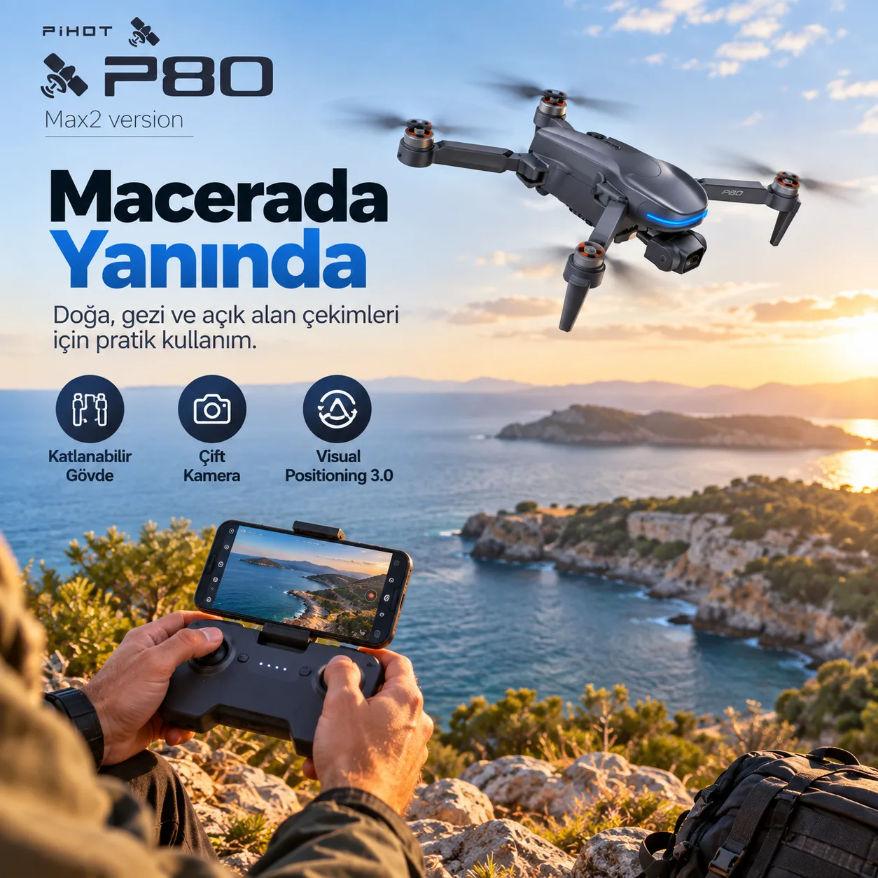 Pihot P80 Max 2 GPS Drone – 6 KM Menzil, 500 M Yükseklik, Mekanik Gimbal ve Fırçasız Motor