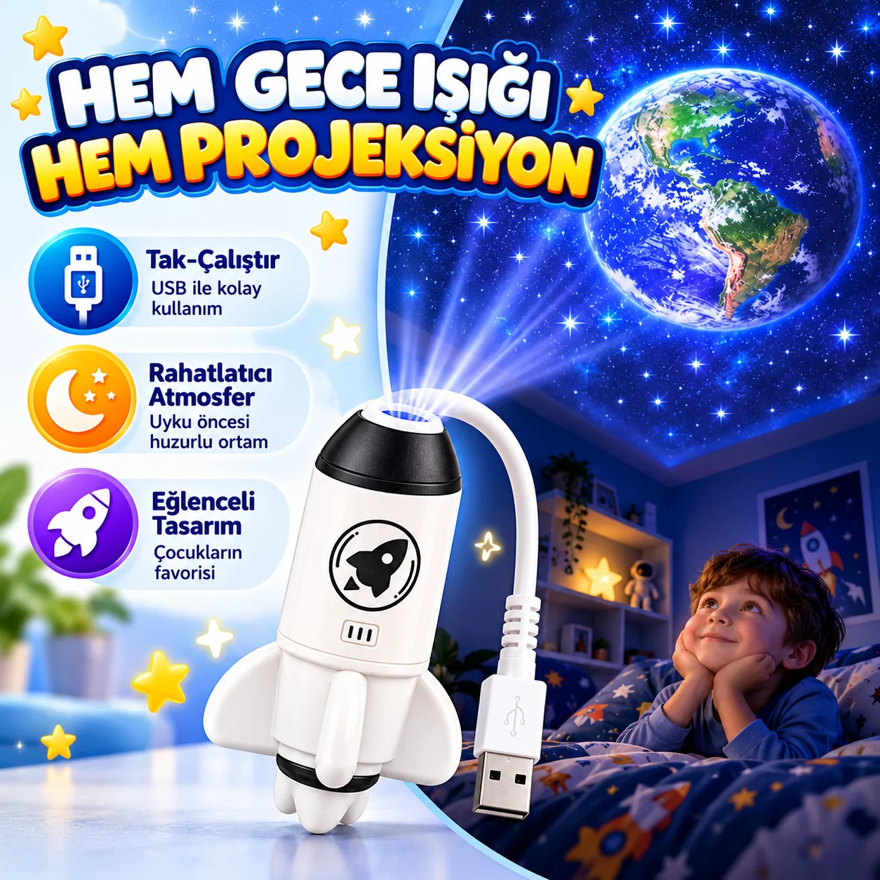 USB Roket Projeksiyon Lambası – Dünya Yansıtmalı Esnek Gece Işığı