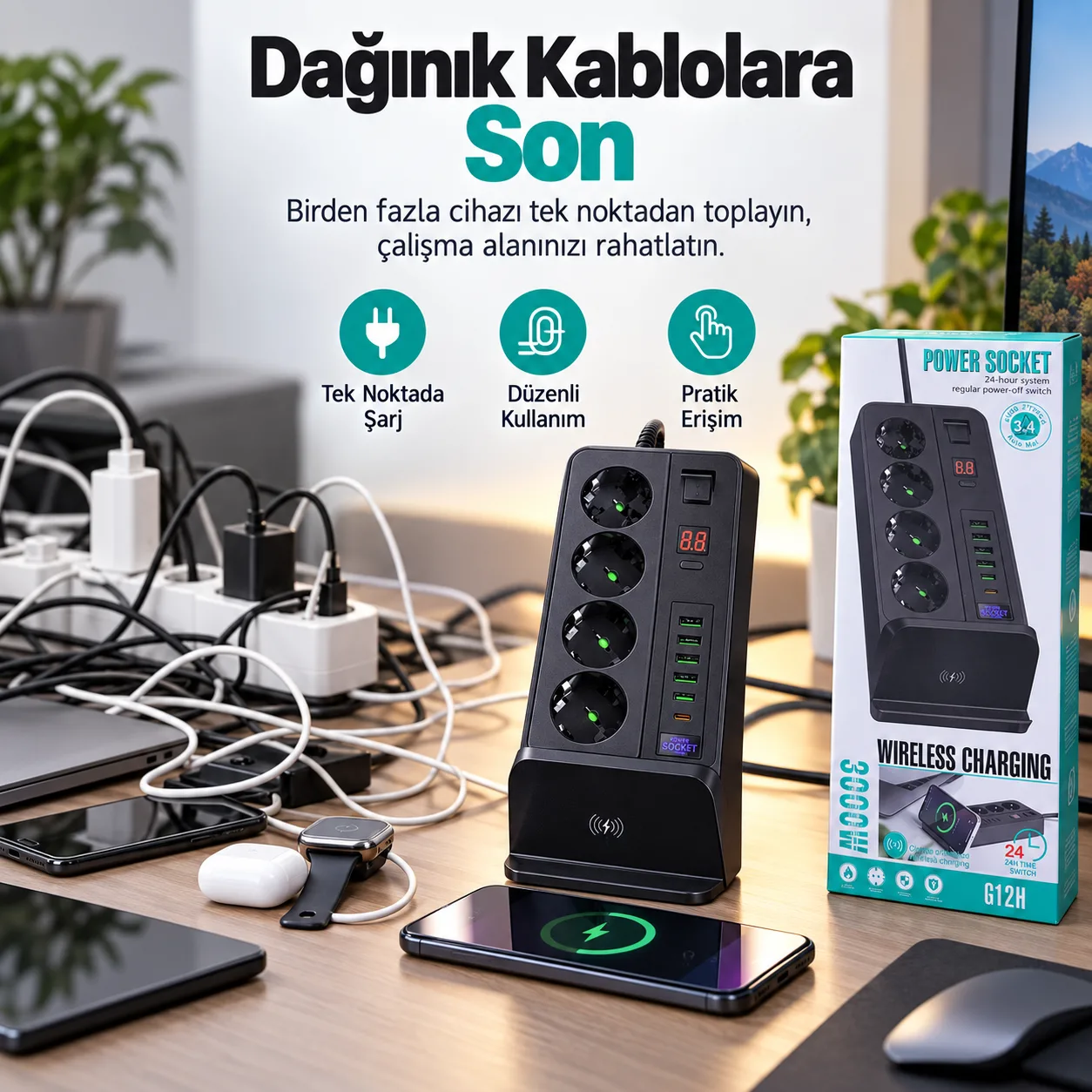 H1000 G12H Kablosuz Şarjlı Akıllı Çoklu Priz – 3000W, 4 Priz, USB ve Type-C Çıkışlı
