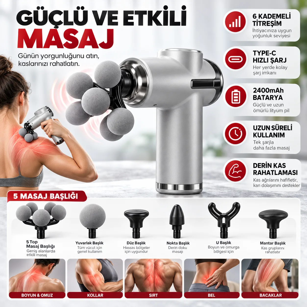 Talon TLN3 Çift Bataryalı Masaj Tabancası – 5 Başlıklı, 6 Kademeli Titreşim, 2400 mAh