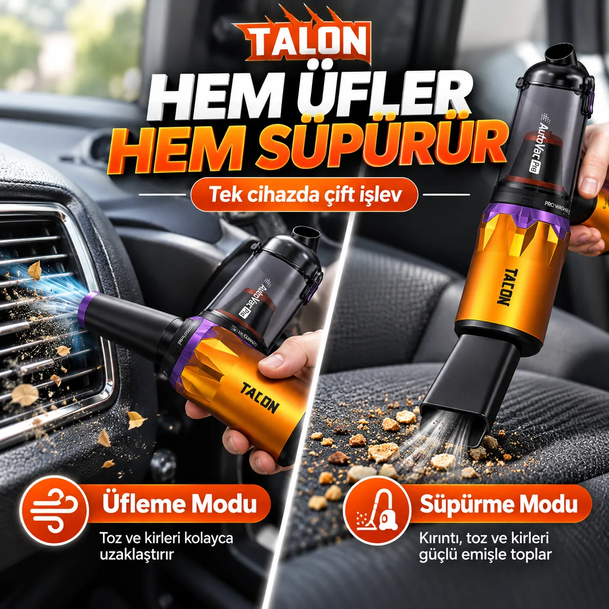 Talon TNV5 AutoVac Pro Kablosuz Araç Süpürgesi ve Hava Üfleyici – 22.000 Pa, Brushless Motor, 3 Kademeli