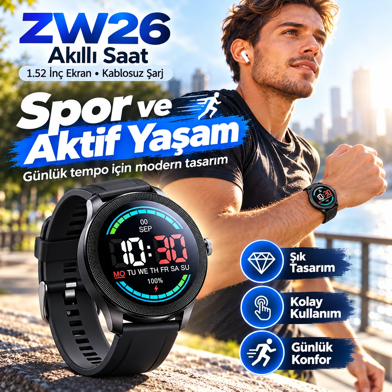 ZW26 Akıllı Saat – 1.52 İnç Geniş Ekran, Kablosuz Şarj ve WearFit Desteği