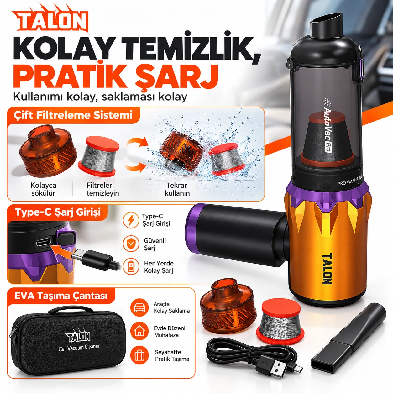 Talon TNV5 AutoVac Pro Kablosuz Araç Süpürgesi ve Hava Üfleyici – 22.000 Pa, Brushless Motor, 3 Kademeli