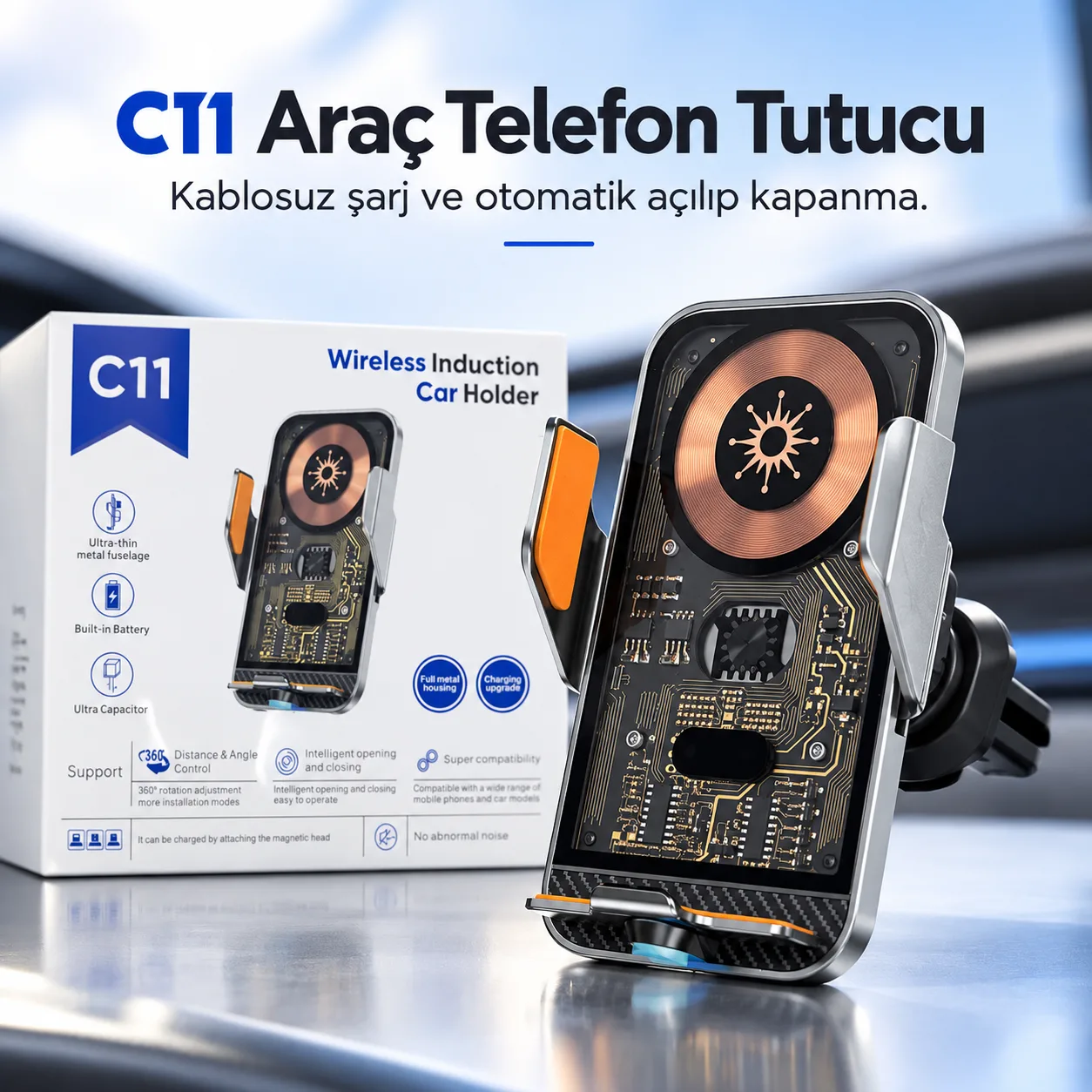 C11 Kablosuz Şarjlı Araç Telefon Tutucu – 15W Otomatik Açılır Kapanır