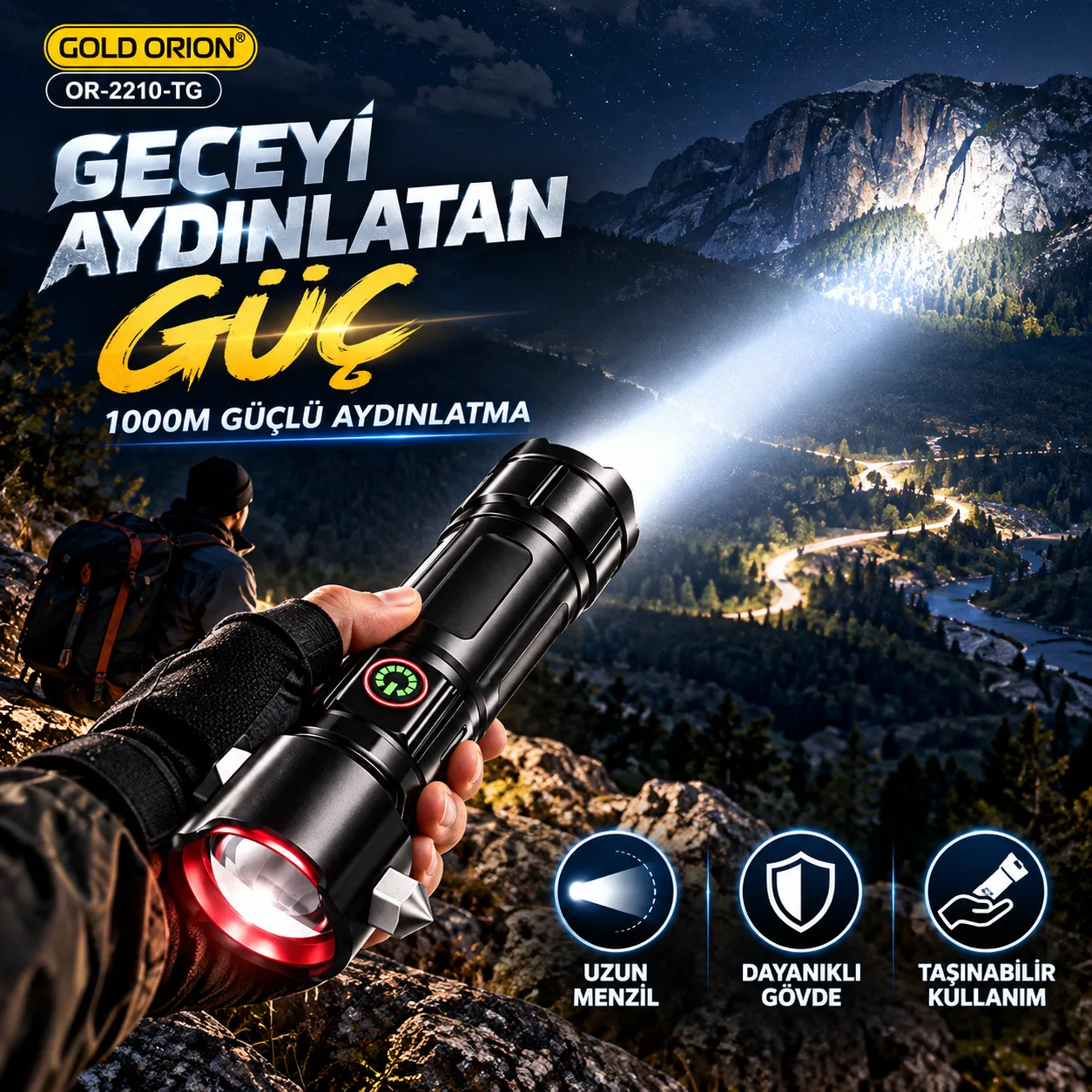 Gold Orion OR-2210-TG 100W Şarjlı El Feneri – 1000 Metre Menzil, Alüminyum Alaşım