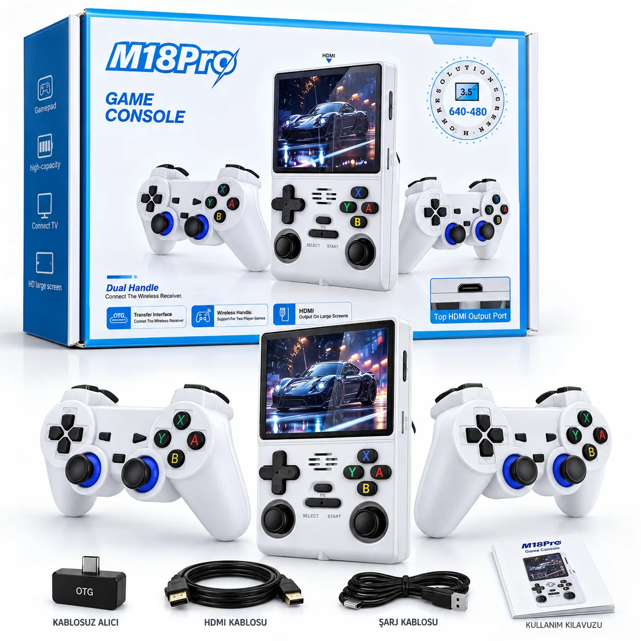 M18 Pro Retro Oyun Konsolu – 3.5 İnç Ekran, HDMI Çıkış ve 2 Kablosuz Oyun Kolu