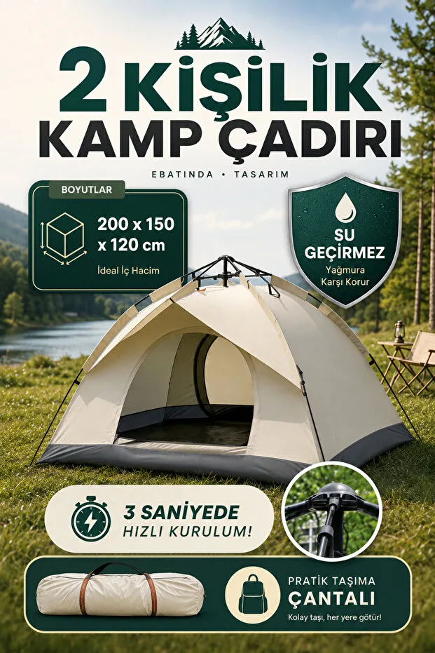 2 Kişilik Otomatik Kamp Çadırı – 200x150x120 cm Su Geçirmez Hızlı Kurulum Çadır