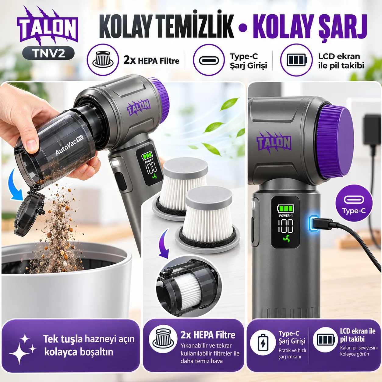 Talon TNV2 AutoVac Pro Kablosuz Araç İçi Süpürge – 22.000 Pa, 6000 mAh, 100W Brushless Motor