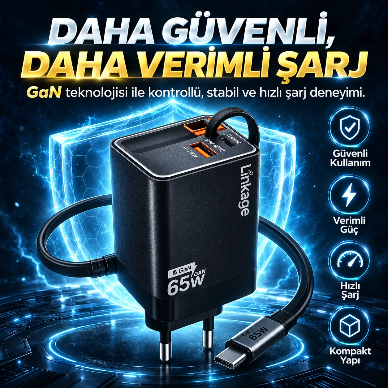 65W GaN Hızlı Şarj Adaptörü – Type-C PD, USB