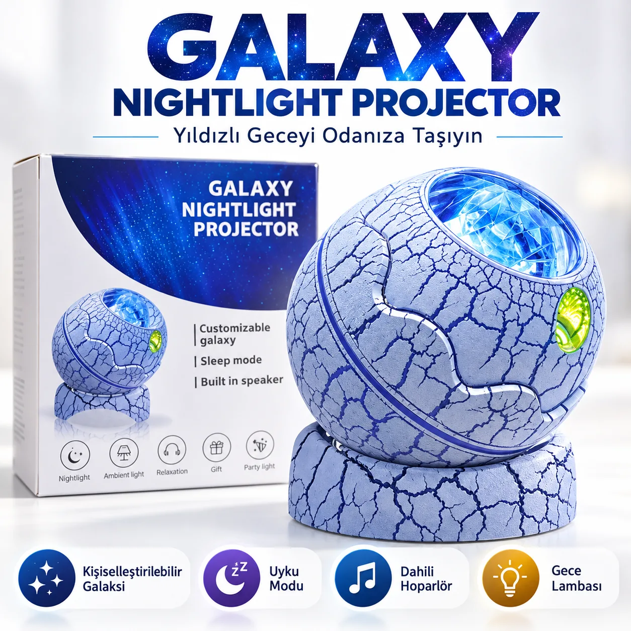 Galaxy Nightlight Projector – Galaksi Projeksiyonlu Gece Lambası, Dahili Hoparlör ve Uyku Modu
