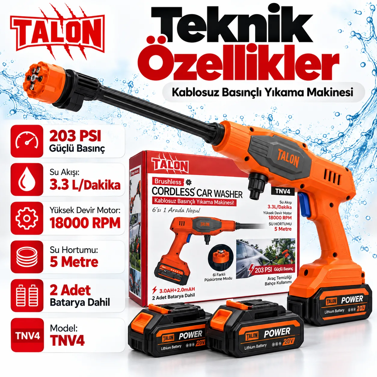 Talon TNV4 Kablosuz Basınçlı Yıkama Makinesi – 203 PSI, Brushless Motor, 2 Bataryalı