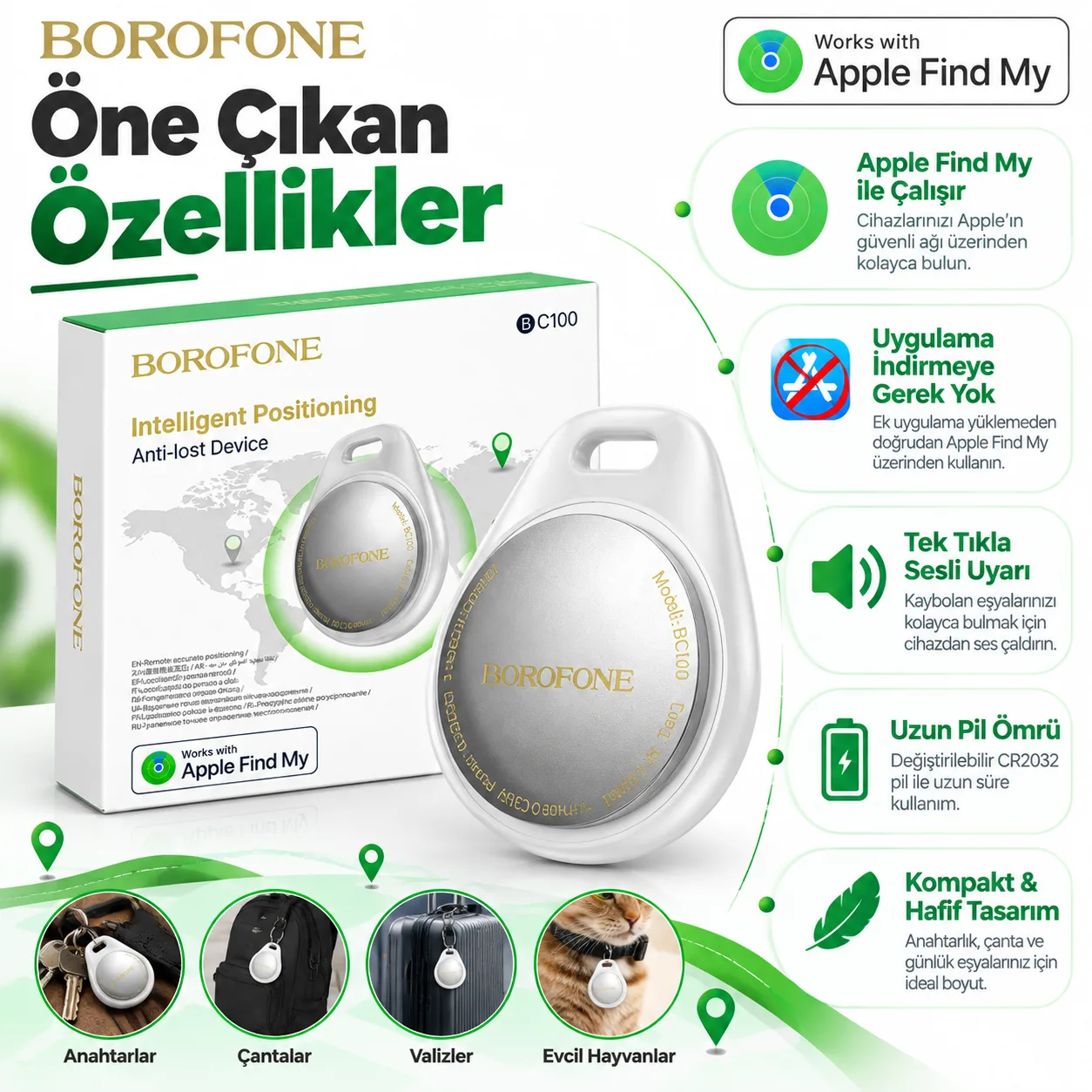 Borofone BC100 Apple Find My Uyumlu Akıllı Konum Takip Cihazı – Kayıp Önleyici Bluetooth Tracker