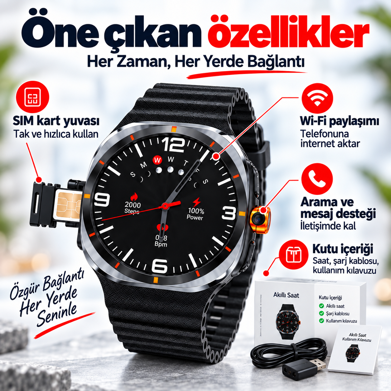 SIM Kartlı Akıllı Saat – Arama, Mesaj ve Wi-Fi İnternet Paylaşımı Yurt Dışı Telefon İçin SIM Kartlı Akıllı Saat