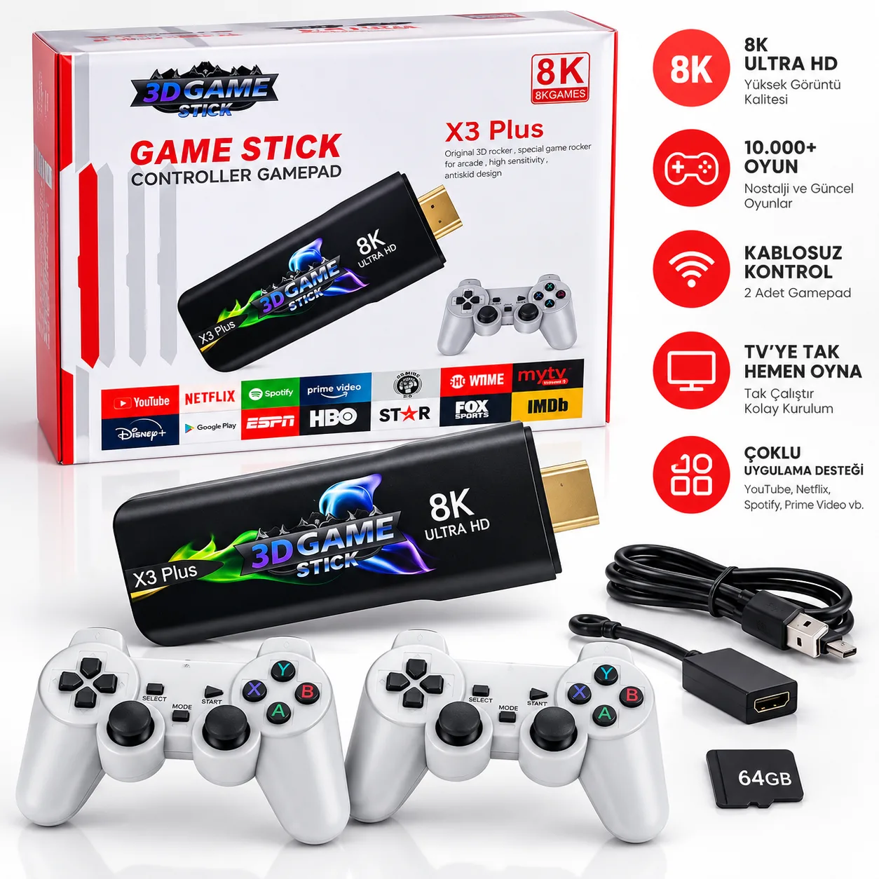 3D Game Stick Retro Oyun Konsolu – 20.000 Oyun, 2 Kol