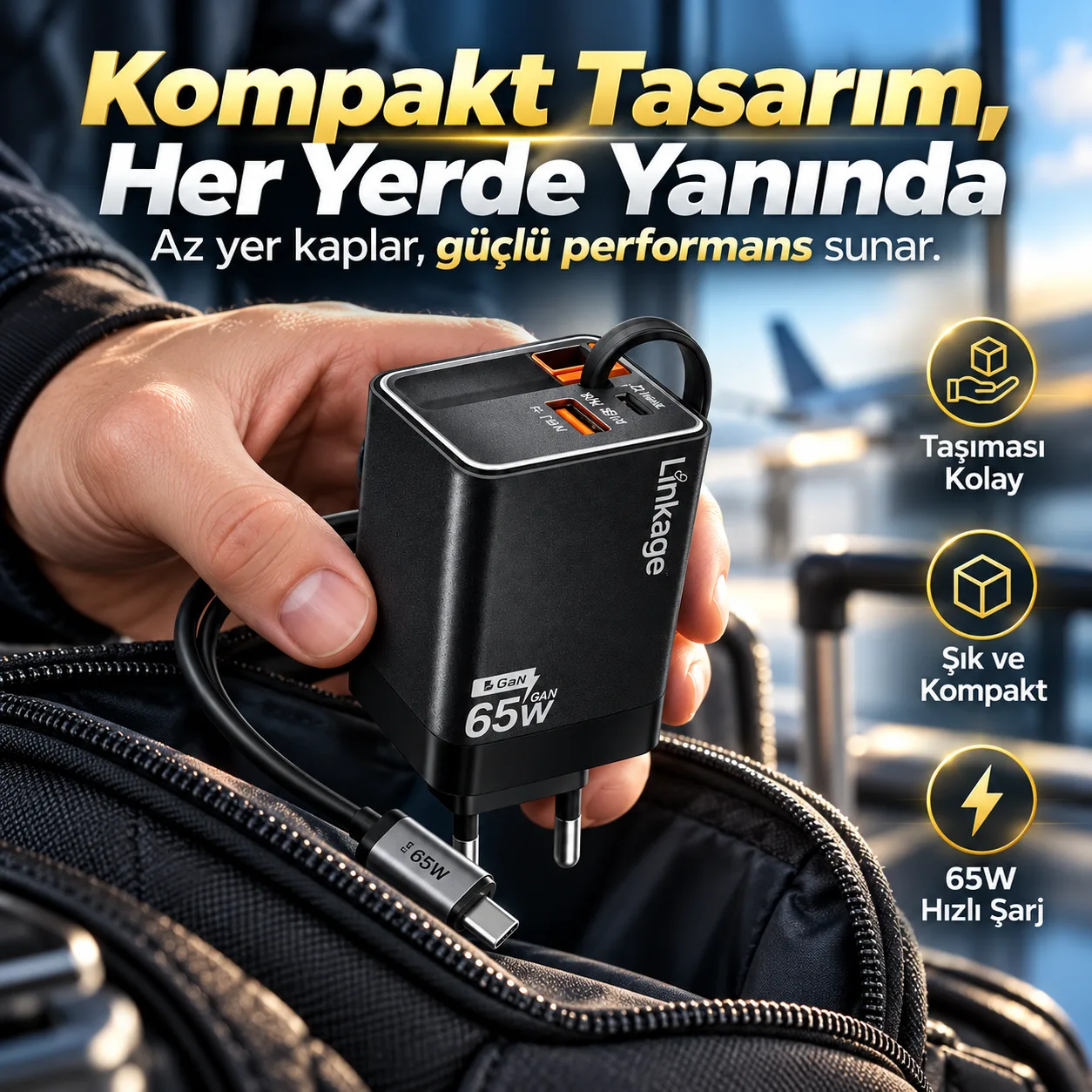 65W GaN Hızlı Şarj Adaptörü – Type-C PD, USB