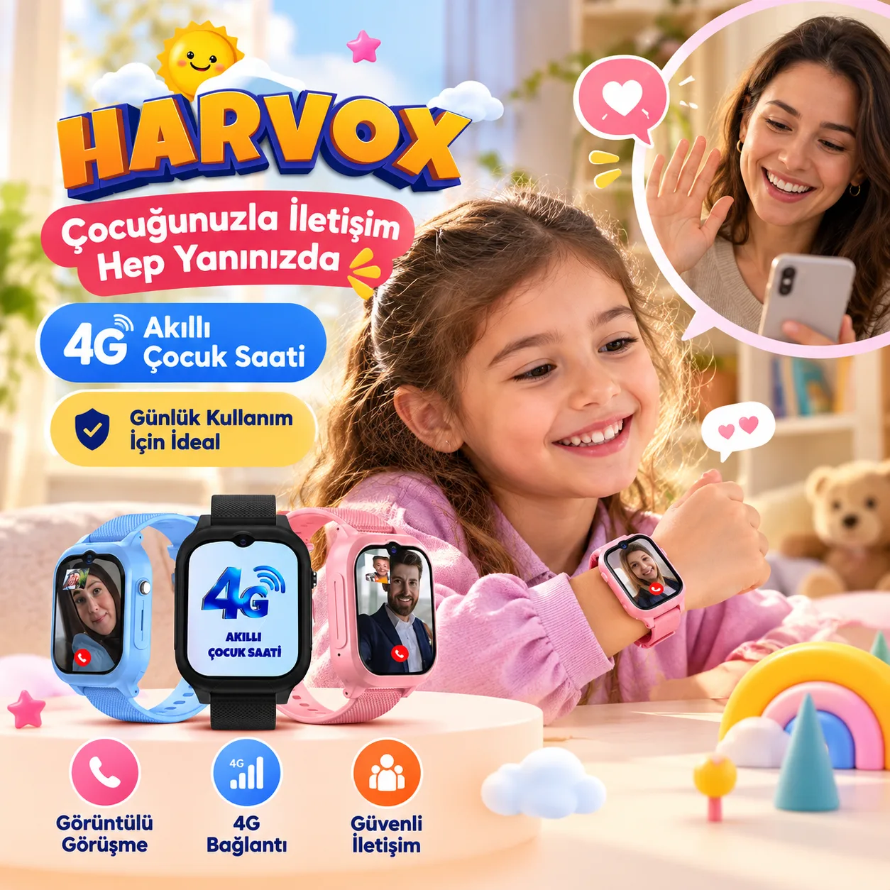 Harvox HX Kids 4G-Max Akıllı Çocuk Saati – 4G Görüntülü Görüşme ve 3 Aksesuar Seçenekli