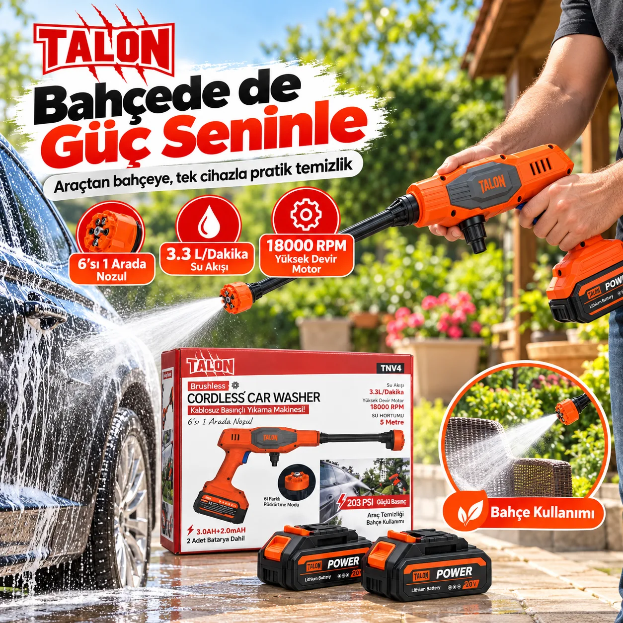 Talon TNV4 Kablosuz Basınçlı Yıkama Makinesi – 203 PSI, Brushless Motor, 2 Bataryalı