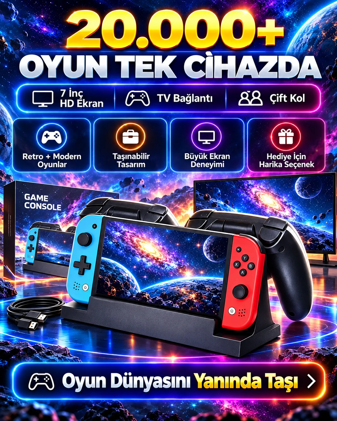 20.000+ Oyunlu Taşınabilir Konsol – 7 İnç HD Ekran