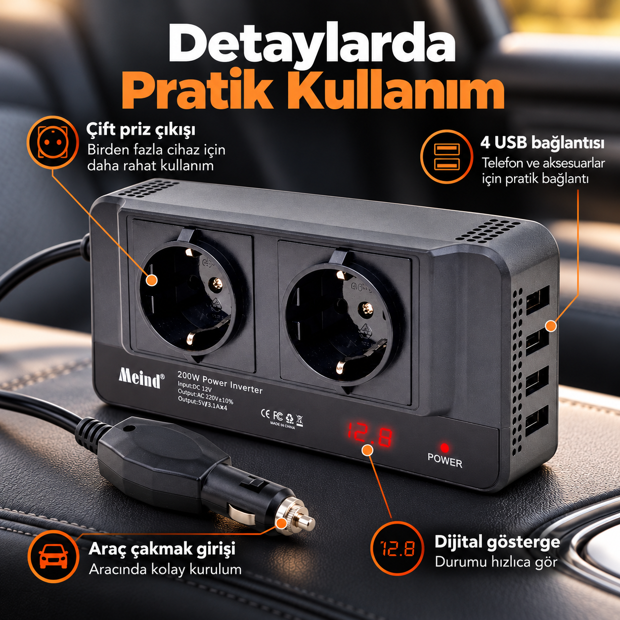 400W Araç İnvertör – 12V 220V Çevirici Araç Çakmaklık , Çift Priz ve 4 USB